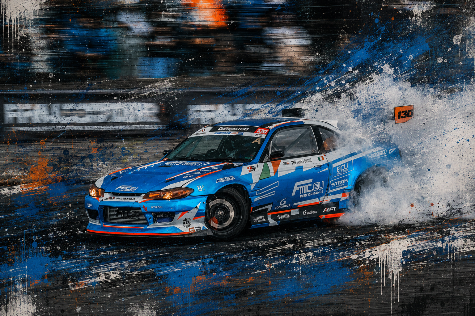 Blue drift car surrounded by smoke and blue, orange and black graphic textures
