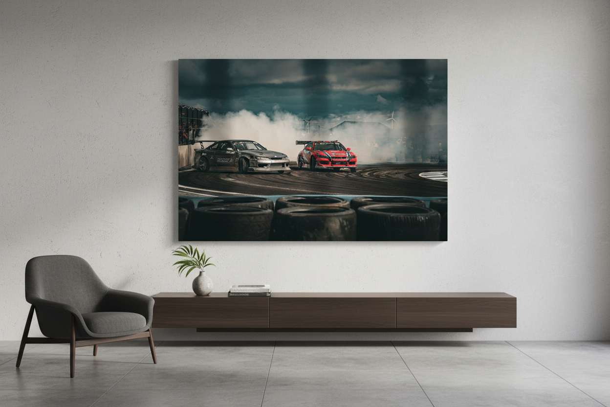 Motorsport canvas with two drifting cars displayed above a wooden console in a modern room