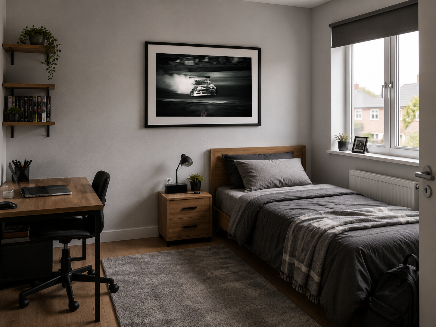 Framed black and white drift photograph displayed above a bed in a neutral bedroom