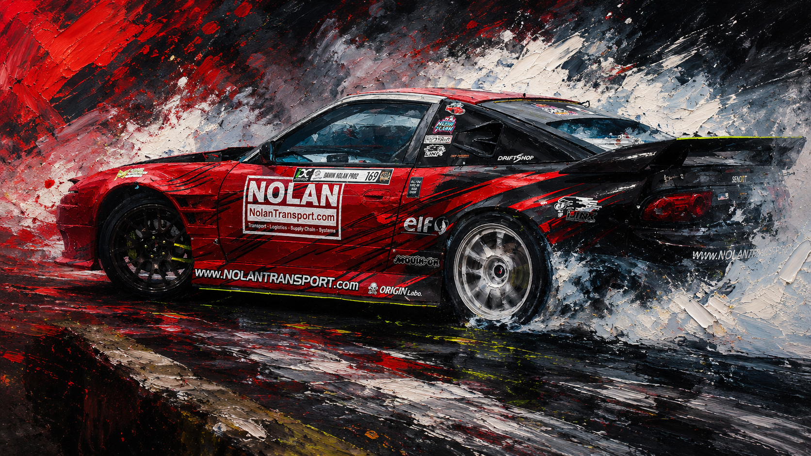 Red and black Nissan drift car in an expressive automotive artwork